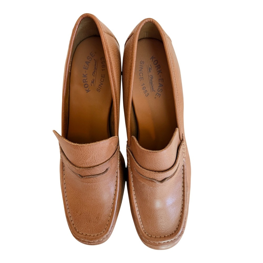 Kork-Ease Women's 10M Tan Leather Penny Loafers Block Heel Slip-On Comfort Shoes